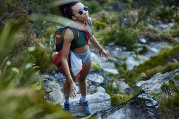 Wall Mural - hiking, location and nature with woman in mountains for adventure, discovery or exploration. backpac