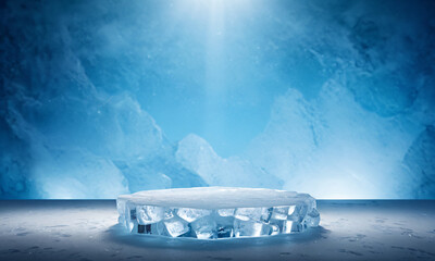 Poster - Frosty Showcase, Ice Podium Display Glacial Brilliance, Central Diamond on Icy Surface, Luxury