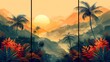 Background template design for Instagram's main feed and post. Abstract colored shapes, line arts and tropical leaves provide an earthy toned color for the background.
