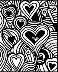 Wall Mural - Black and white hand drawn doodle hearts background. Vector illustration