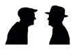 Two elderly men facing each others side view portrait silhouette. Two senior men talking face to face side view profile silhouettes.