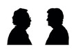 Two women different age face to face side view head shoulders side profile silhouette.