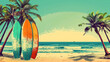 2d flat illustration vintage surfboards and palm trees on beach background with sunset 