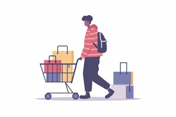 Modern and clean illustration of a person with a shopping cart full of goods and bags