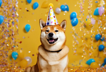 isolated confetti party yellow background  hat birthday on Happy celebrating shiba inu dog funny cute celebration pet animal studio bac