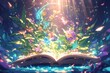 An open book with an enchanted forest inside, lush green leaves and vibrant flowers growing on the pages