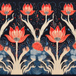 Seamless pattern with red lotus flowers. Vector illustration.