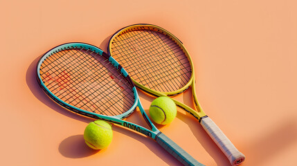 Wall Mural - two tennis rackets and a tennis ball on a peach background