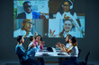© master1305 - Colleagues having corporate meeting, connect via video conference from office boardroom, discussing important matters and making decisions. Business, entrepreneurship, communication, teamwork concept