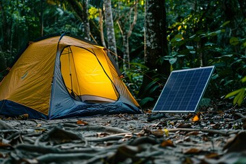 A portable solar panel catches sunlight at a remote forest campsite beside a vibrant yellow tent, symbolizing off-grid adventure