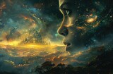 Cosmic Dream: Futuristic Cityscape and Woman's Silhouette in Starry Universe