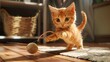 Playful Tabby Kitten Batting Yarn Ball Across Cozy Home Interior