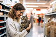 A woman is holding a cat in a pet food store.  Buying food for cat.