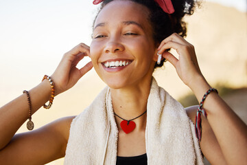 Poster - Smile, earphones and black woman with music after workout, training or exercise for wellness, peace or health outdoor. Steaming, radio or gen z girl with motivation, happiness and mindset for fitness