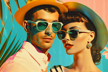 Retro beautiful couple tourists, woman and man in straw hats in summer vacation collage style