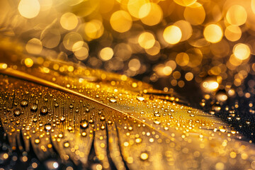 Wall Mural - Image of a gilded feather adorned with tiny dewdrops