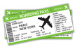 Beautiful boarding passes. Two green flat design airplane tickets. Hand drawn vector icon illustration.