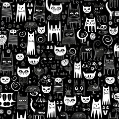 Wall Mural - Seamless pattern with cute hand drawn cats. Vector illustration.