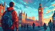 Illustration of people traveling and having fun in Big ben, Generative AI 