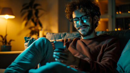 Wall Mural - Portrait of a young man holding a phone in his hands. A cute man sits on the sofa against the backdrop of a TV, relaxing with his phone.