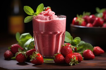 Drink summer strawberry smoothies, delicious strawberry smoothie guarded with fres, generative IA