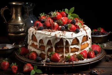 Wall Mural - Oiled cake with white cream and decorated with strawberries, generative IA