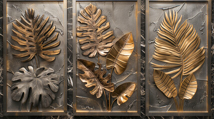 Wall Mural -  3d wall art design, three panel composition of palm leaves in silver and gold, on dark marble background, golden elements