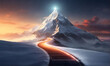 A Glowing Road going to a flag on a Snow mountain top, Business goals achievement concept, Mountain surrounded with fog, road