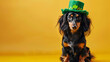 Cute dog in green clover costume sits on yellow background, generative ai
