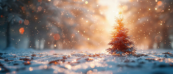 A Christmas tree in the middle of a winter forest