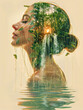  Earthly woman: nature adorns half her face, a pastel dreamscape unfolds.