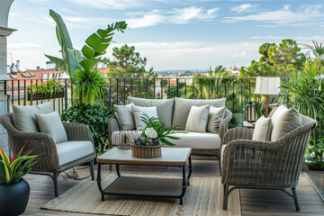 Wall Mural - beautiful and luxury wicker outdoor furniture on the serene balcony. balcony garden with lush greenery and blooming flowers