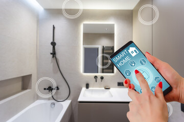 Wall Mural - Female hands holding phone with app smart home screen in room house