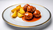 Meatballs and French Fries with ketchup Meal on Porcelain Plate, Kid-Friendly Cuisine Concept