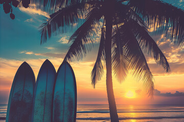 Wall Mural - Silhouette of surfboards on a beach with tropical palm tree against a sunset sky
