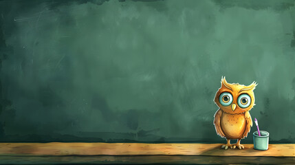 Wall Mural - An watercolor illustration of cute owl teacher sitting on the table with blackboard background. Copy space area. Teachers day. Back to school. Student day