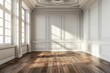 elegant empty room with classic mouldings and wooden floor 3d rendering