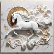 © vectorart092 - Panel wall art, home decoration with white horse illustration art silhouette style marble background, 3D illustration - Generative AI