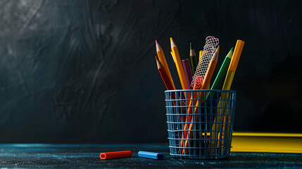 Wall Mural - School supplies in a metal basket on a dark background. Copy space area. Teachers day. Back to school. Student day