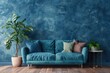 Modern Cozy Minimalist Living Room Interior Design, Blue Sofa, Wooden Floor And Side Table And Green Plant With Dark Grungy Wall Background 3D Render.