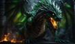 giant green dragon breathing fire background from Generative AI