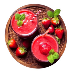 Wall Mural -  top view of strawberry smoothies, Sweet refreshing fruit juice isolated on white background.