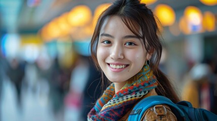 A woman wearing a colorful scarf and a backpack is smiling at the camera. The scene takes place in a busy area with many people around her. The woman's smile and the colorful scarf suggest a cheerful