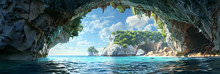 Waterfall In The Cave, A Hidden Cave With A Pristine Beach Inside Realistic Tropical Background