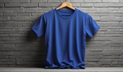 Wall Mural - blank royal blue tshirt on plain concrete wall background mockup from Generative AI