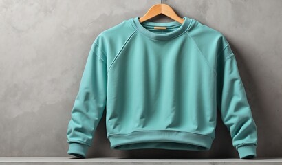 Wall Mural - blank teal sweatshirt on plain concrete wall background mockup from Generative AI