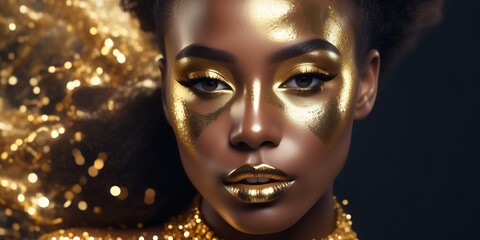 Wall Mural - Close-up photo a beautiful black woman with gold makeup on her face, in the style of glittery, gold and moody style