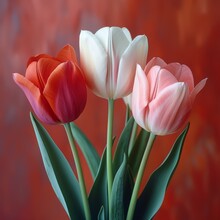 A Photo Of Three Tulips Against A Red Background.