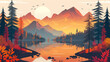 abstract illustration of an autumn forest with a lake and mountains at sunset