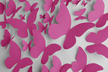 Poster - Bright pink paper butterflies on white wall